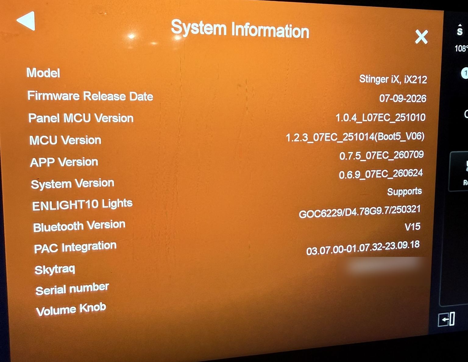 The stereo's System Information screen