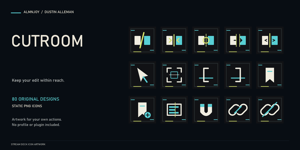 Cutroom cover: fifteen Stream Deck keys in ink black with cream clip panels, cyan highlights and chartreuse cut marks, showing blade, ripple trim, roll, slip, slide, select, transform, in point, out point, marker, add marker, list, magnet snapping, link and unlink.