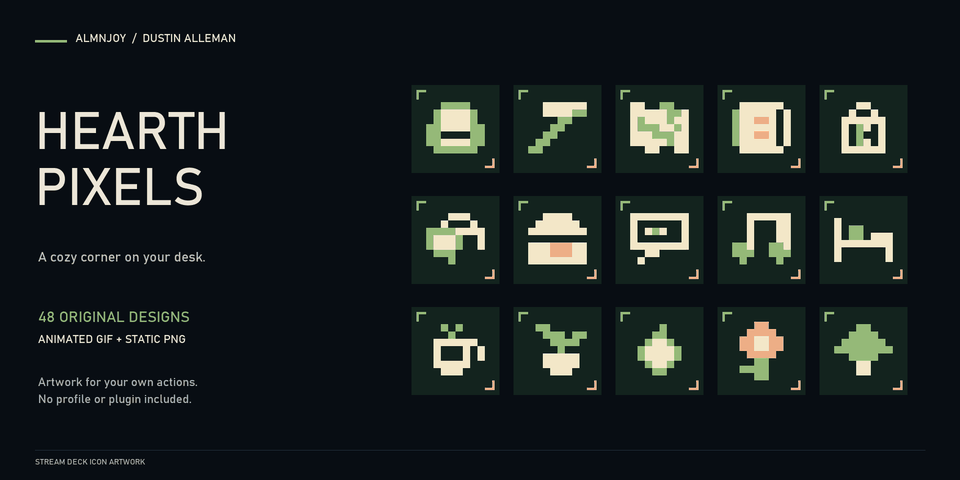 Hearth Pixels cover: fifteen Stream Deck keys in forest green with cream, moss and peach pixel art, showing a backpack, a tool, a map, a book, a bag, a watering can, a chest, a sign, music, a bed, a coffee cup, a seedling, a leaf, a flower and a tree.