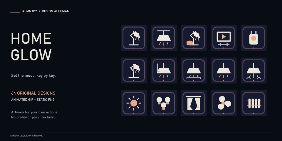 Home Glow cover: fifteen Stream Deck keys in deep indigo with opal lamps and peach light spill, showing desk lamps, pendant lights, a reading lamp, a screen, a heater, brightness, bulbs, curtains, a ceiling fan and a radiator.