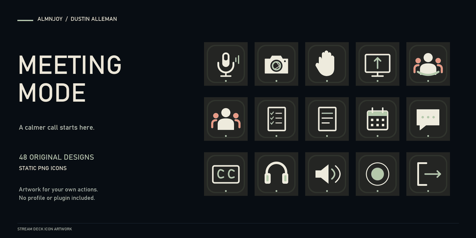 Meeting Mode cover: fifteen Stream Deck keys in soft charcoal with cream, sage green and coral symbols for microphone, camera, hand raise, screen share, participants, agenda, notes, calendar, chat, captions, headphones, volume, record and leave.