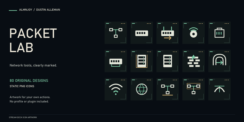 Packet Lab cover: fifteen Stream Deck keys on graphite with ivory topology symbols, mint indicators and amber details, showing a topology tree, a switch, a router, a disc, a rack shelf, a patch panel, a server, a stack, a VPN tunnel, wifi, a globe and network maps.