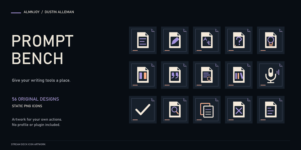 Prompt Bench cover: fifteen Stream Deck keys with cream folded-paper symbols on ink blue, in violet and apricot, showing summarize, rewrite, translate, question, idea, compare, quote, sources, library, dictate, approve, search, duplicate, reject and notes.