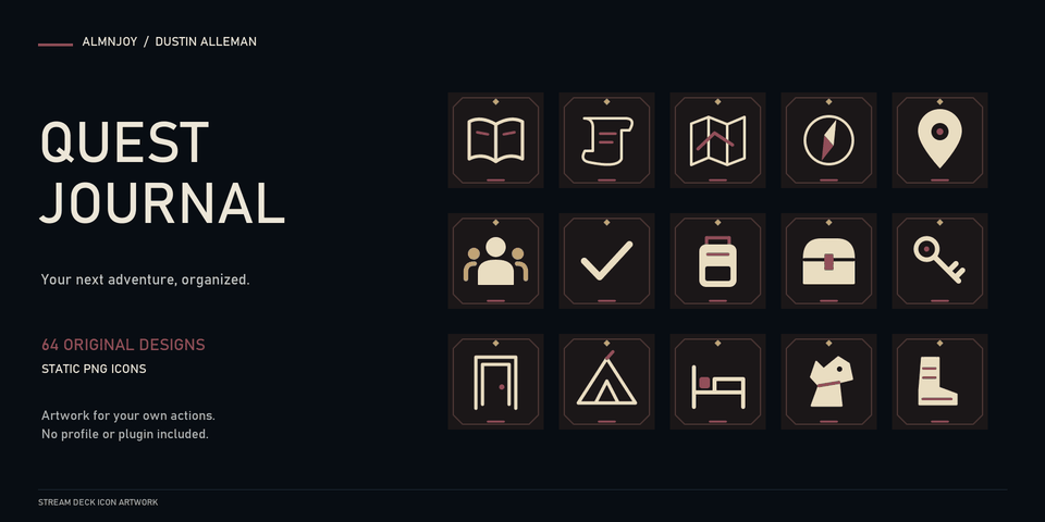 Quest Journal cover: fifteen Stream Deck keys in charcoal with ivory equipment silhouettes and muted gold, showing a book, scroll, map, compass, pin, party, ready check, backpack, chest, key, door, tent, bed, cloak and boot.