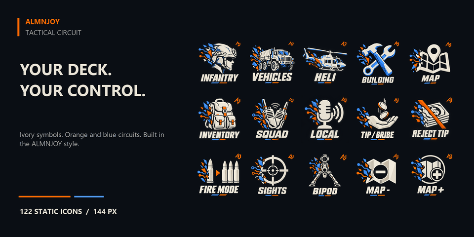 WARDOGS Tactical Circuit cover: fifteen badge icons in ivory with orange and blue circuit bursts, labelled infantry, vehicles, heli, building, map, inventory, squad, local, tip and bribe, reject tip, fire mode, sights, bipod, map minus and map plus.