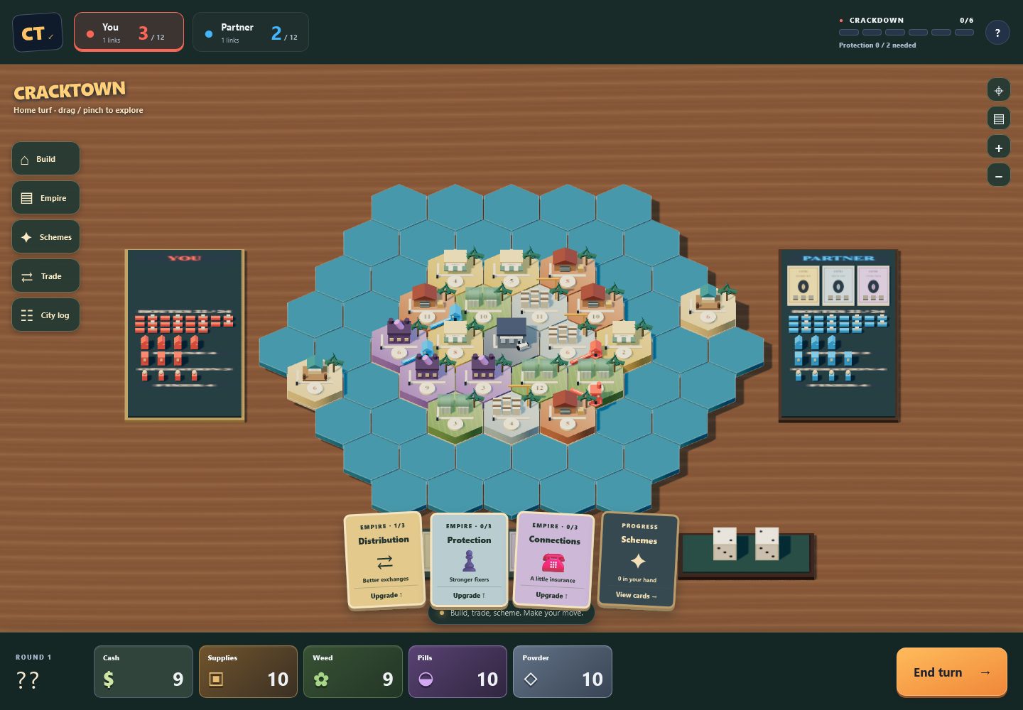 Same table, two humans. Hands and Schemes are public on purpose in this prototype.