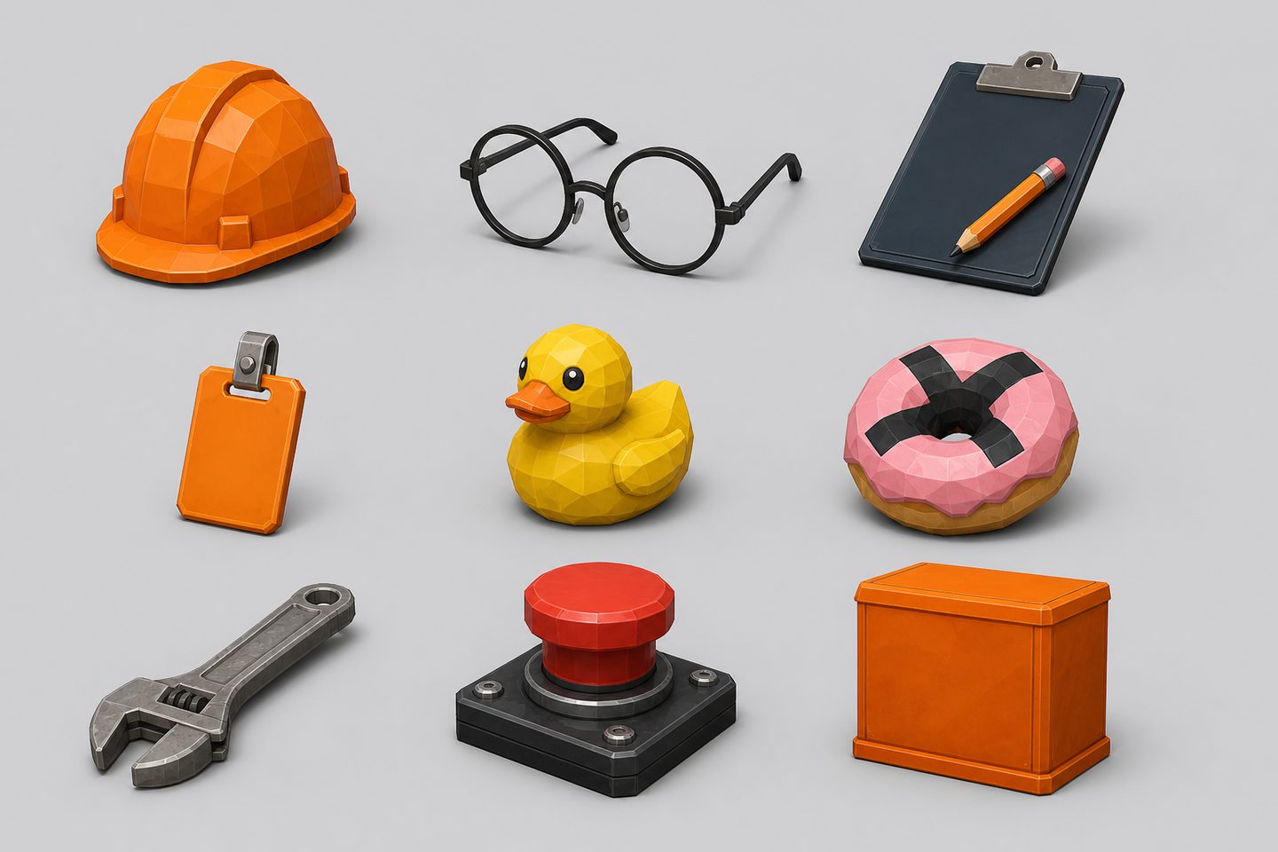 The signature props: the duck, the wrench, the complaint box, the wrong portrait.