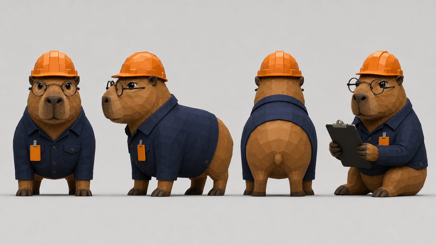 Character turnaround concept. Hard hat, clipboard, no smile at the joke.
