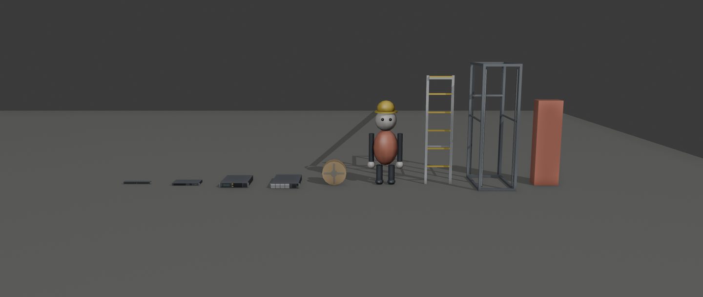 The generated lineup: gear, a contractor with a hard hat, a ladder, an open rack, a UPS.