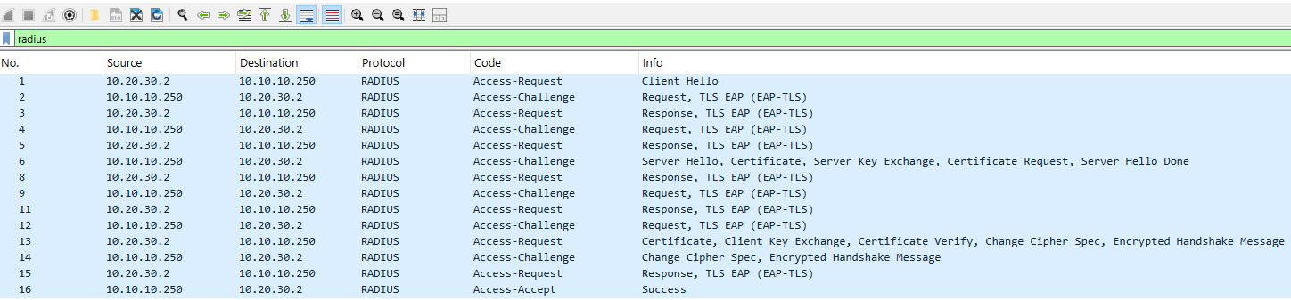 Recovered original Wireshark screenshot showing RADIUS requests and challenges followed by Access-Accept; open at full size