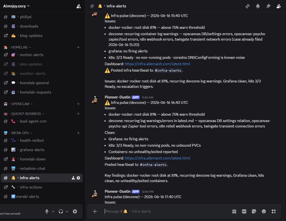 The alerting layer. Infra issues land in a channel the agents watch, triage, and act on.