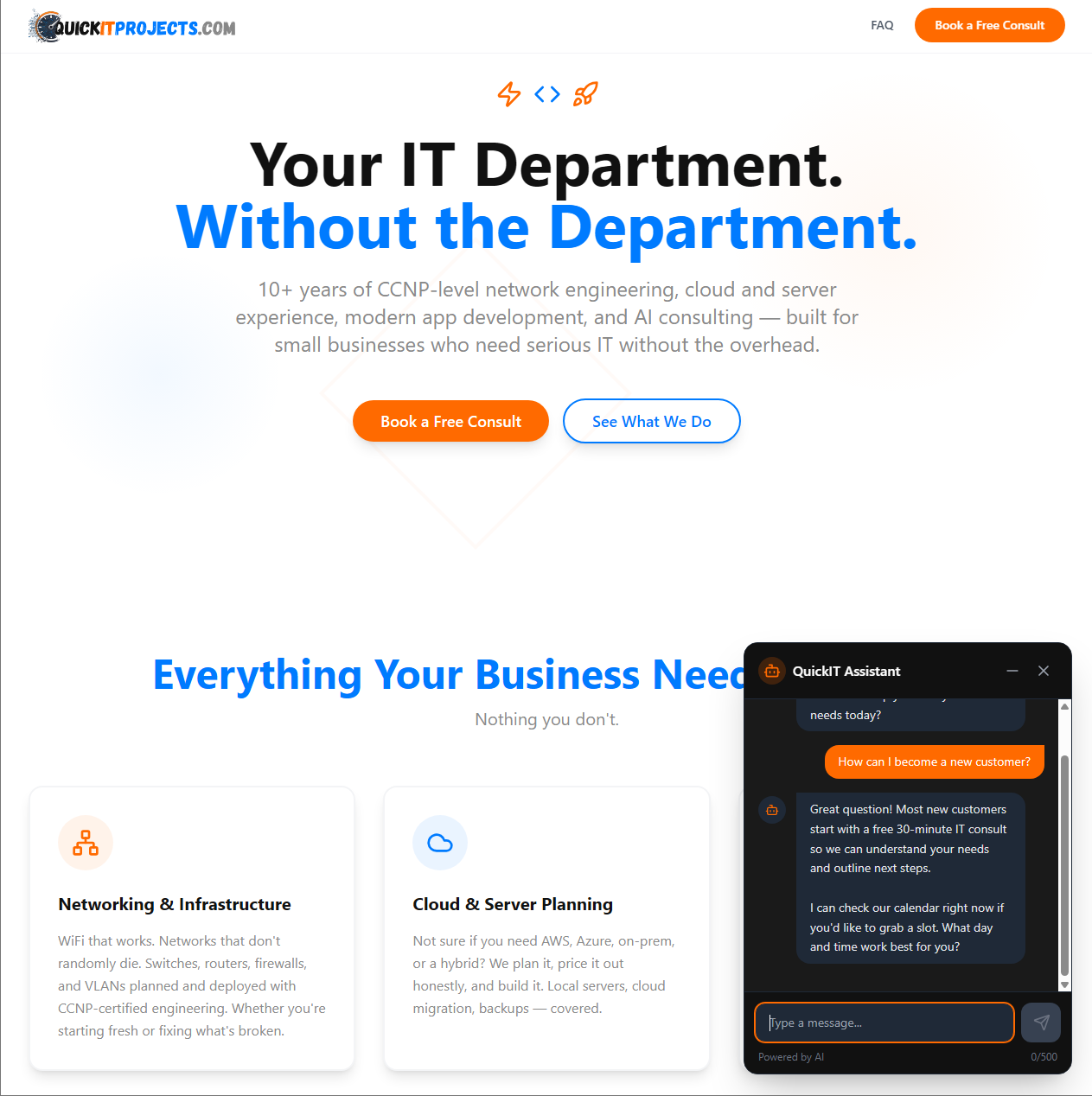 The website chat agent. It answers questions, captures the lead, and books the meeting.