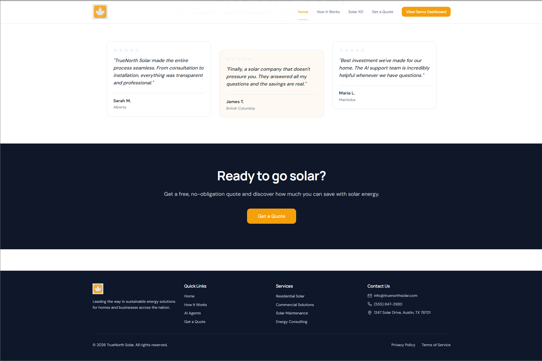 The branded public site, white-labeled for the demo: services, testimonials, and a quote CTA.